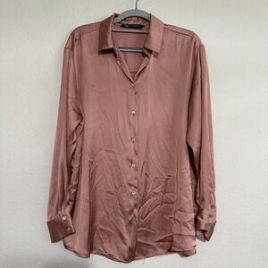 ZARA Blouse Womens Medium Pink Salmon Classic Long Sleeve Button-Up‎ Shirt
